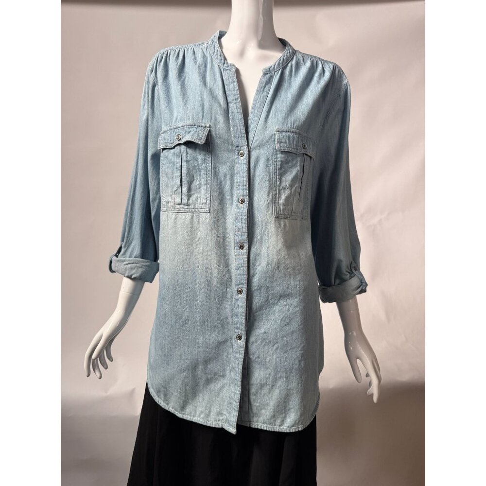 Nine West Jeans Womens Light Denim Button-Down Shirt With Roll-Tab Sleeves & Dua